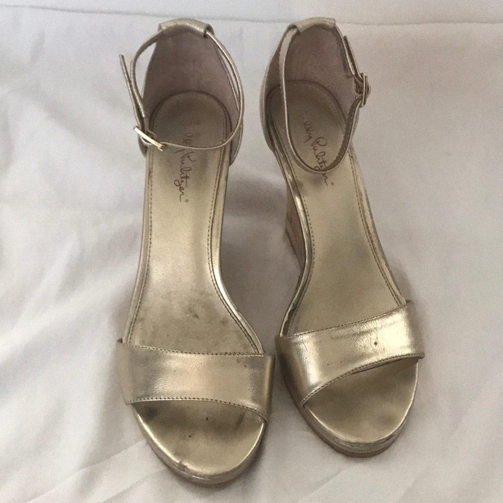 Lilly Pulitzer gold and cork wedges